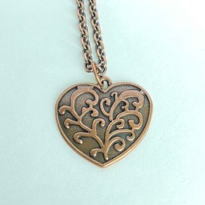 Copper Heart Pendant Necklace, Handmade,  Fern Design, 23" L, Cottagecore